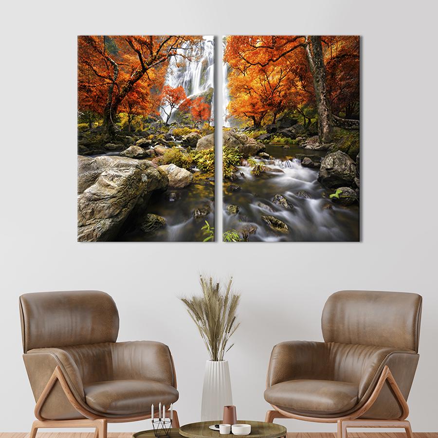Модульная картина на холсте Диптих Высокый водопад в лесной чаще 111x81 см (586-2)