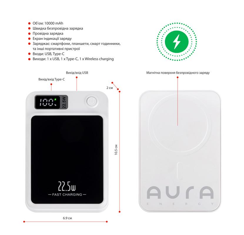 Повербанк Aura NRG10W Wireless charging 10000 mAh 22,5W White - фото 2