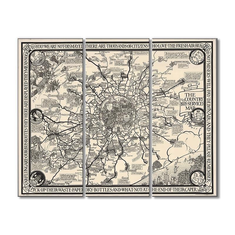 Винтажная карта Лондон. Карта автобусных маршрутов с историческими зарисовками 3 модуля 70x105 см