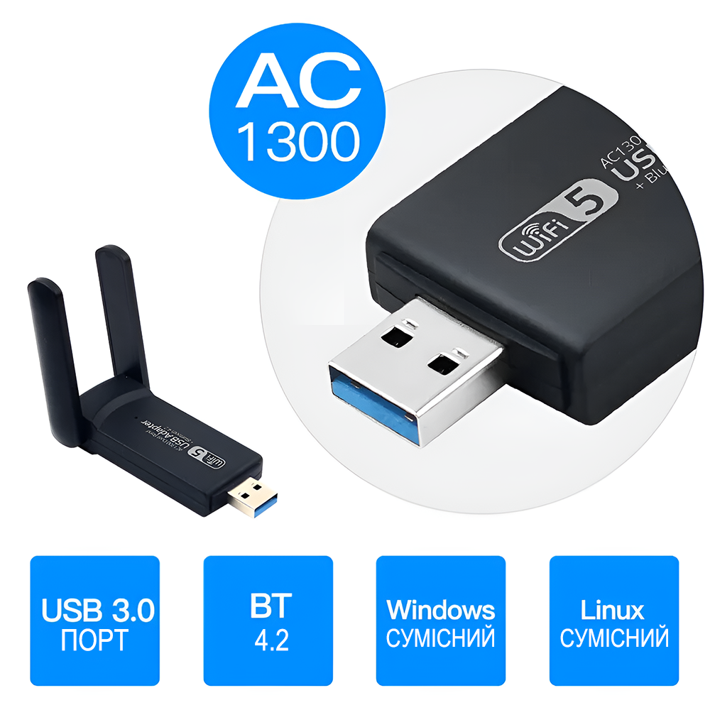Адаптер двухдиапазонный сетевой Addap USB Wi-Fi + Bluetooth UWA-07 2,4/5GHz 1300 Mbps - фото 2 Адаптер двухдиапазонный сетевой Addap USB Wi-Fi + Bluetooth UWA-07 2,4/5GHz 1300 Mbps - фото 2