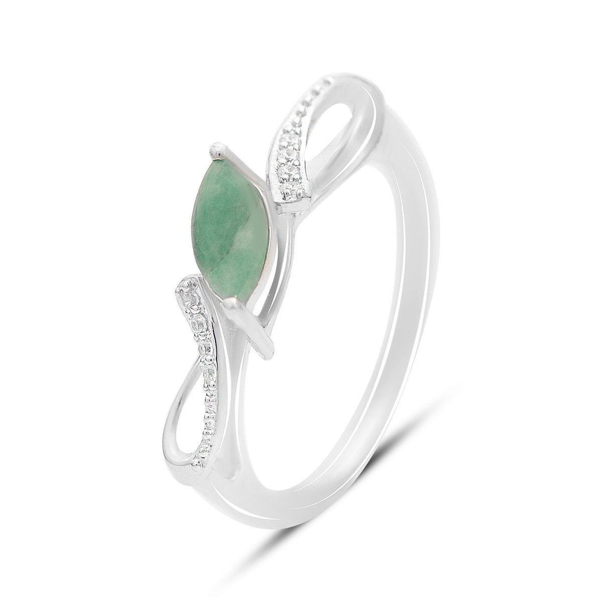 Кольцо серебряное с марquise-вставкой натурального изумруда и плавными линиями р. 18
