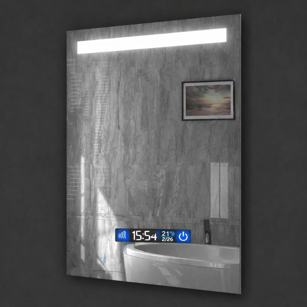 Зеркало для ванной LED ML-01 80x70 см с подсветкой/Smart-дисплеем часы/температура и подогревом антизапотевания
