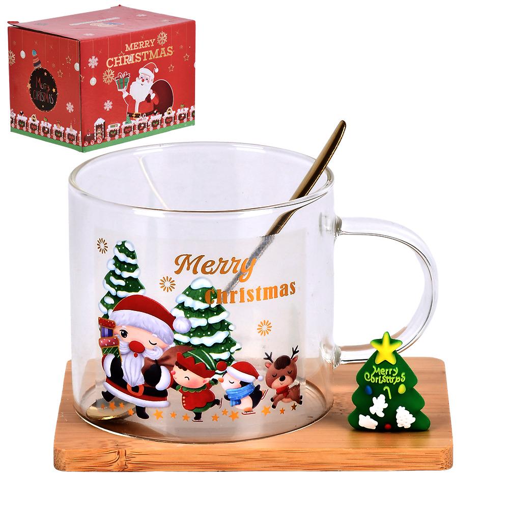 Чашка новогодняя на бамбуковой подставке с ложкой R100358 Merry Christmas 250 мл