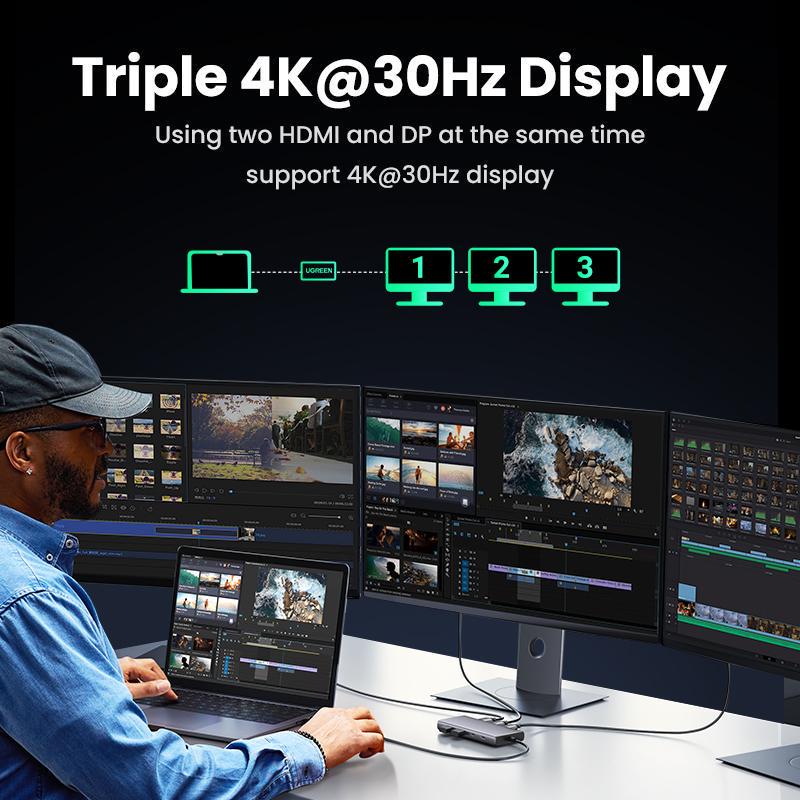Док-станція UGREEN USB-C потрійний 4K дисплей 10Гбіт/с USB 3.2 PD 100Вт 30 см Сірий (35625) - фото 6 Док-станція UGREEN USB-C потрійний 4K дисплей 10Гбіт/с USB 3.2 PD 100Вт 30 см Сірий (35625) - фото 6