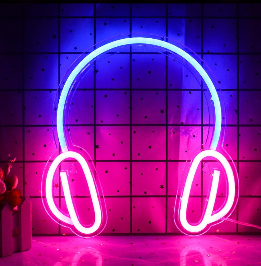 Вывеска неоновая LED Наушники DJ для караоке клуба 28х27 см