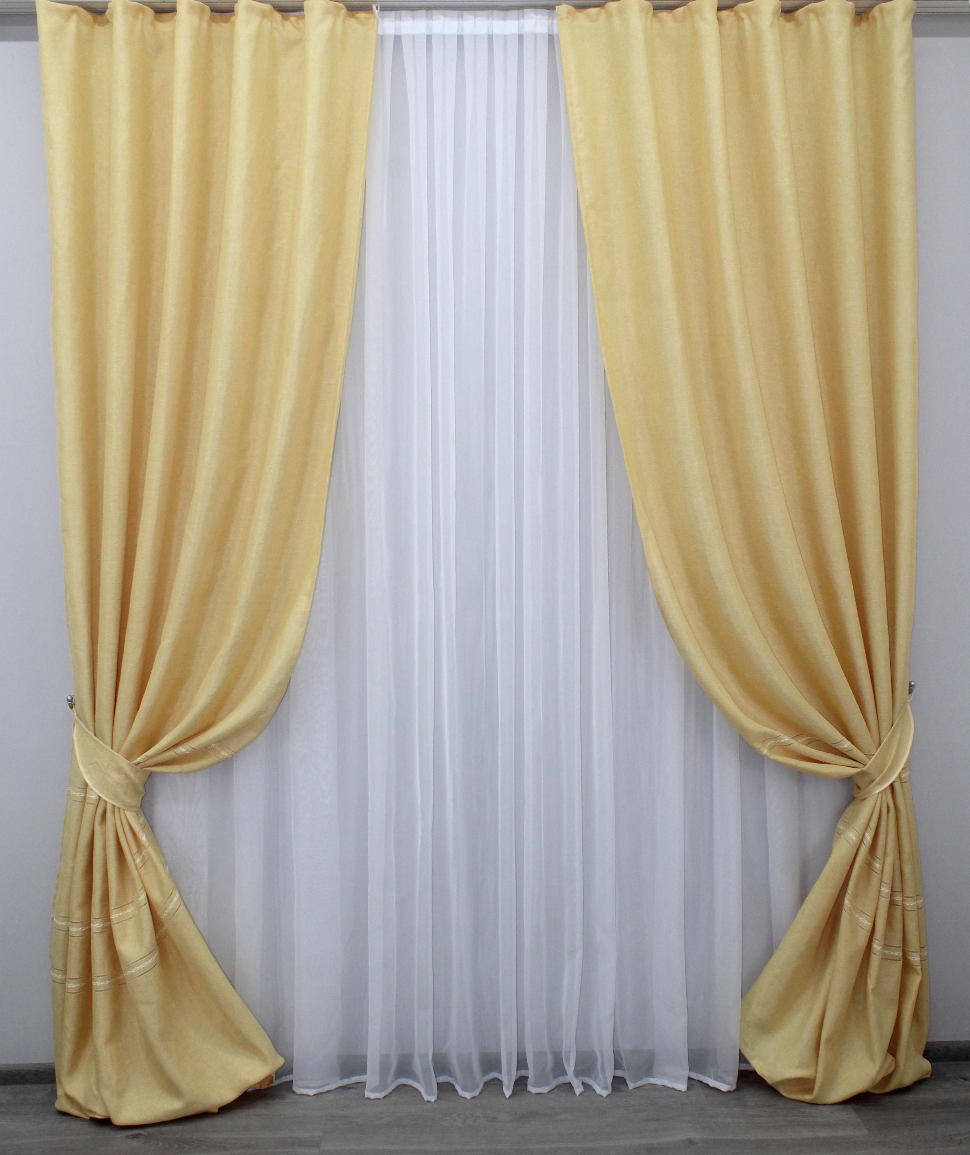 Комплект готовых штор VR-Textil Лен Кружево № 924ш 100х290 см 2 шт. Горчичный (31-640)