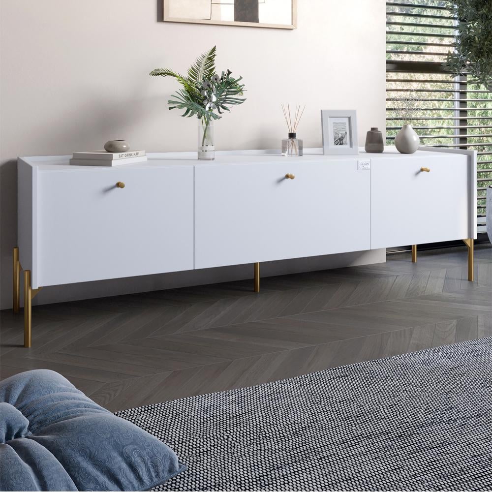 Тумба під телевізор на 3 шухляди Lion Wood з золотими ніжками 160х65х40 см Німфея Альба (000-000-2342)