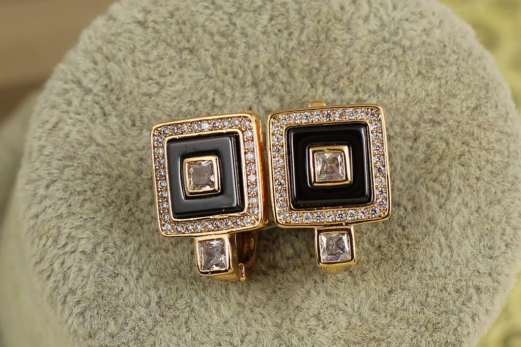 Серьги Xuping Jewelry Три квадрата с черной керамикой 1,6 см Золотистый (29503073)