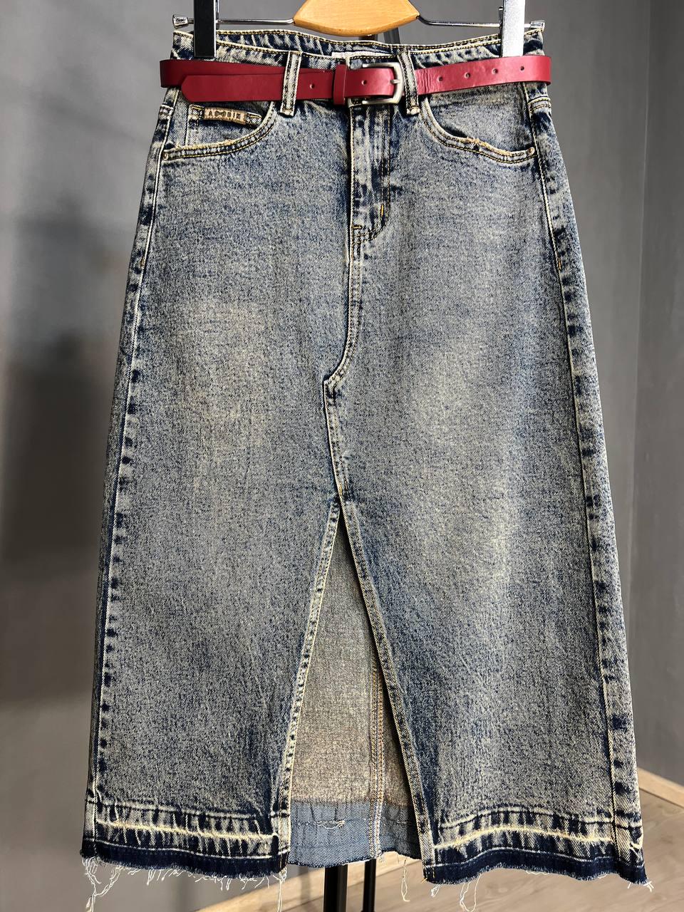 Спідниця жіноча джинсова ZJY 68007 розріз попереду стрейчева нижче коліна з ременем р. 32 Темно-синій (3745) - фото 8