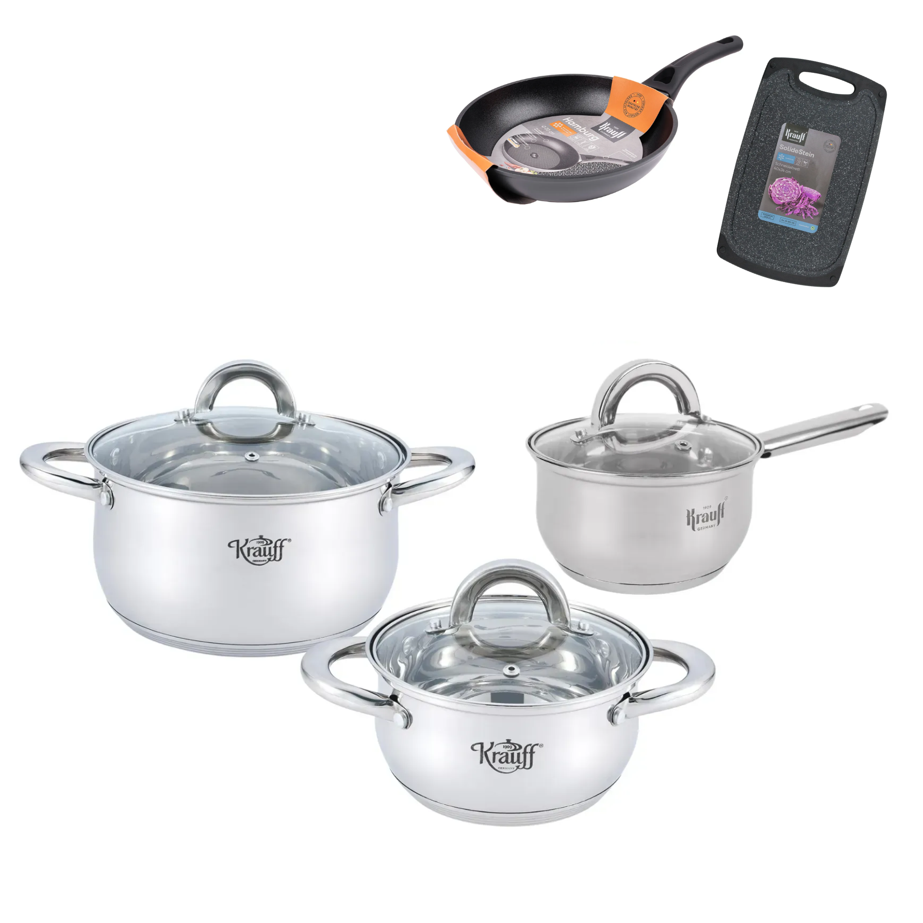 Набор кастрюль Krauff Steil со сковородой Hamburg 20 см и кухонной доской (28472)