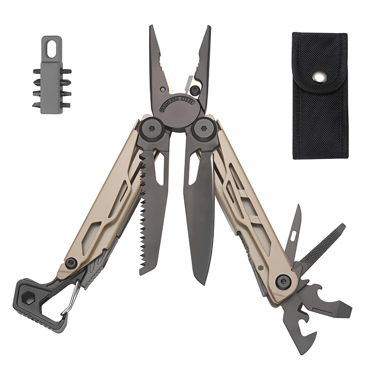 Мультитул Multitool Pliers 25в1 з нержавіючої сталі 420 з набором біт та нейлоновим чохлом Desert Tan (001260)