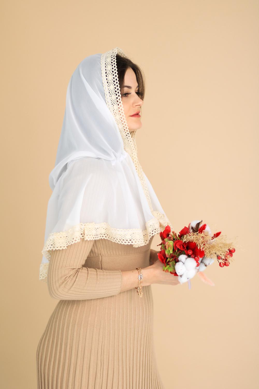 Палантин для храма на голову 80x120 см Белый (п007) - фото 5 Палантин для храма на голову 80x120 см Белый (п007) - фото 5