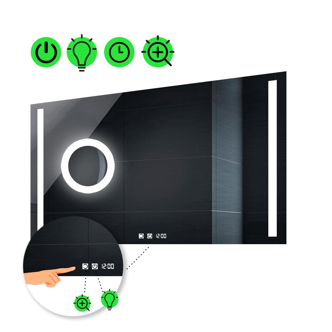 LED-зеркало 90x80 см с двумя сенсорами/часами и линзой с подсветкой Adelita (Adelitag96)