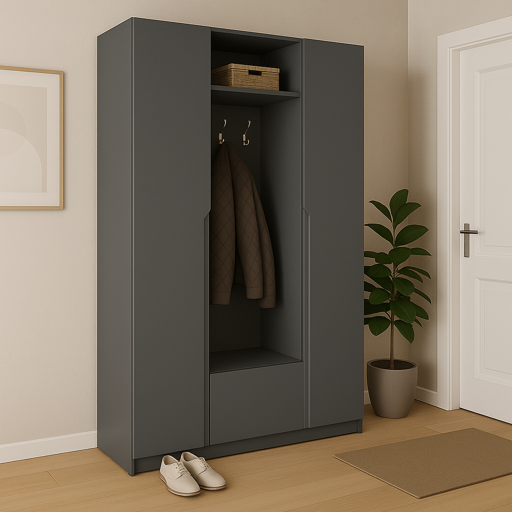 Шкаф распашной  SENAM ШР8 V и J фрезерованные ручки 2400х1600х600 мм корпус ДСП Серый графит/фасад МДФ RAL7012 Базальтовый серый (ШР8.24.60.16.ФР.5)