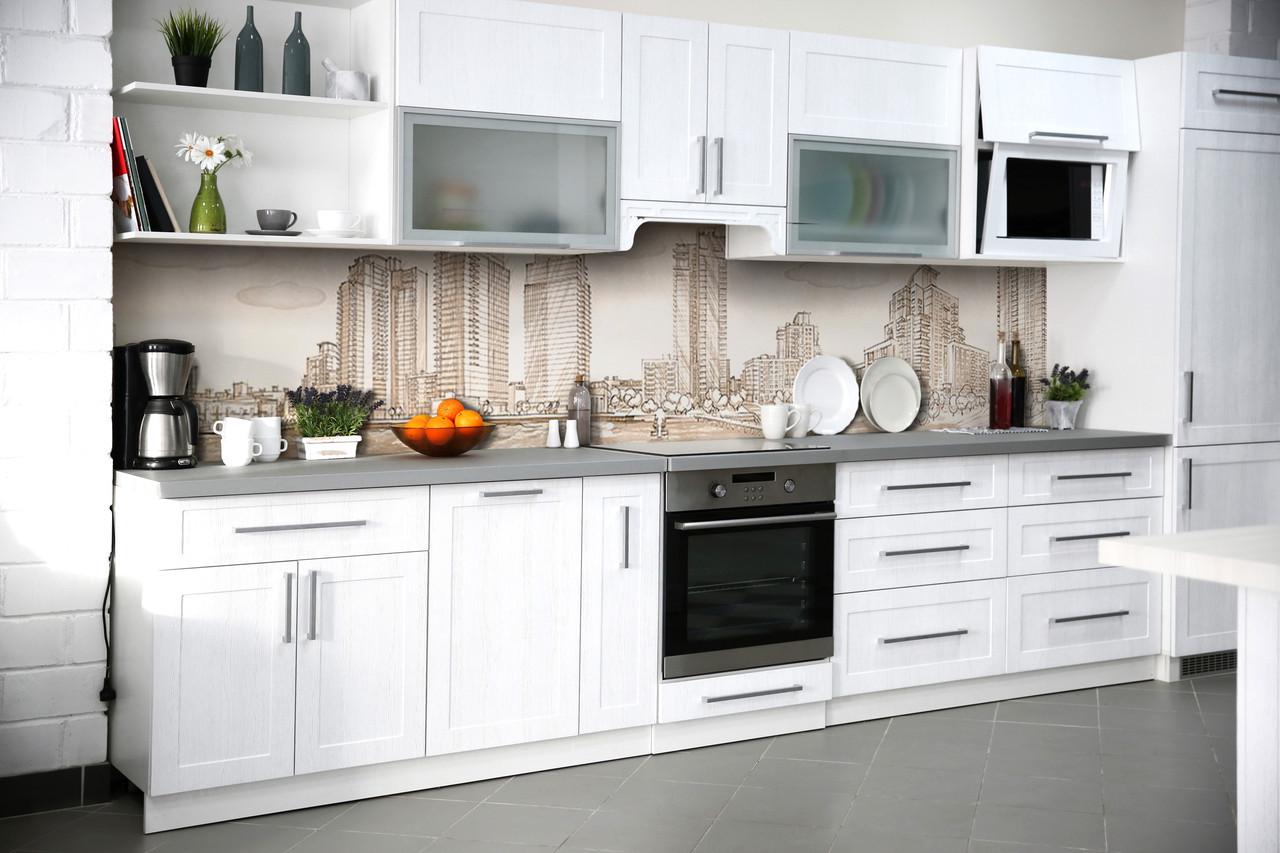 Кухонный фартук Нарисованные небоскребы город из самоклеющейся виниловой пленки 60х250 см Бежевый