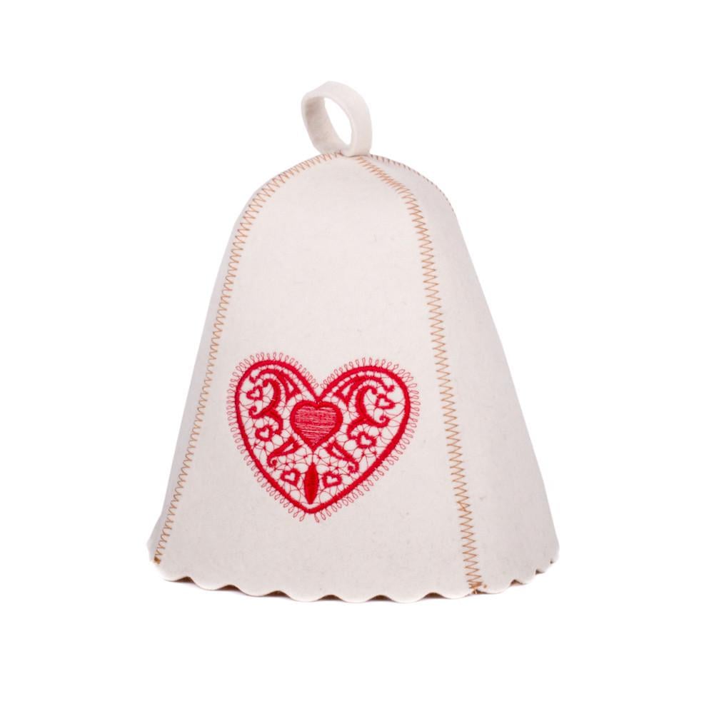 Банная шапка Luxyart Сердце с узором натуральный войлок Белый (LA-463)