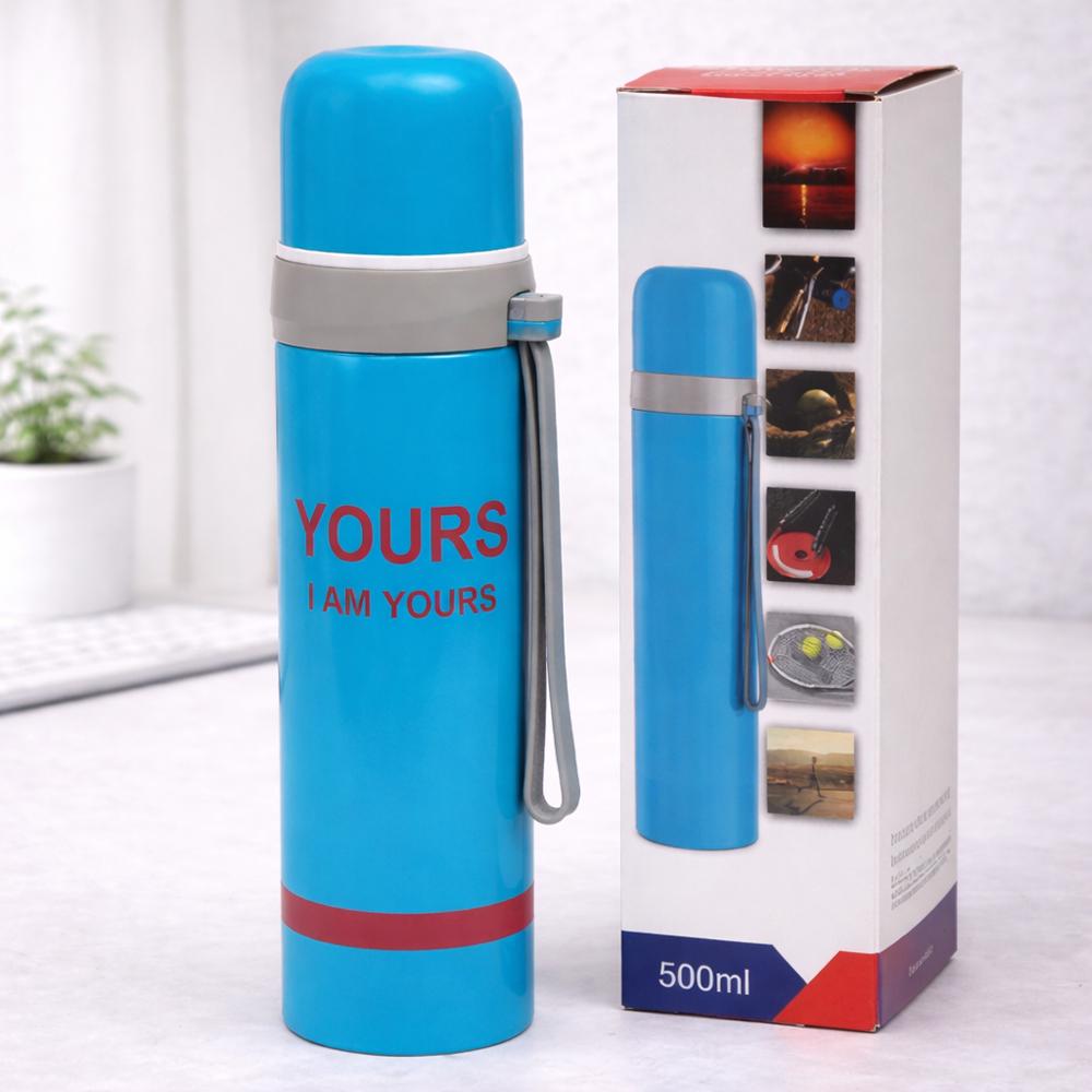 Термос спортивный 106511 500 мл из нержавеющей стали с кнопкой для питья и ремешком Голубой