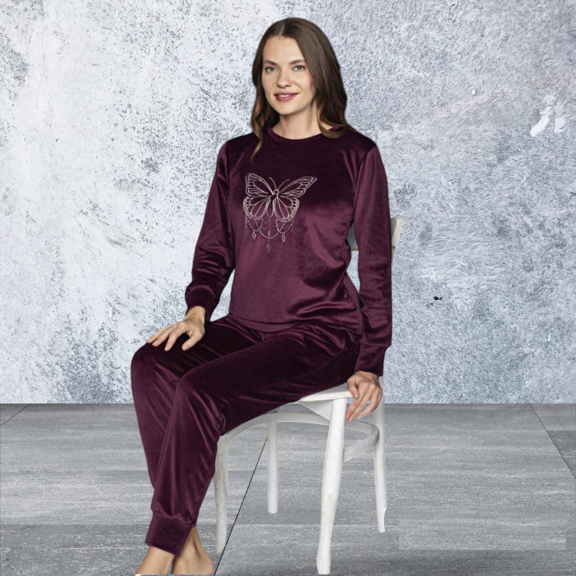 Костюм жіночий велюровий домашній з метеликом М Бордовий - фото 2