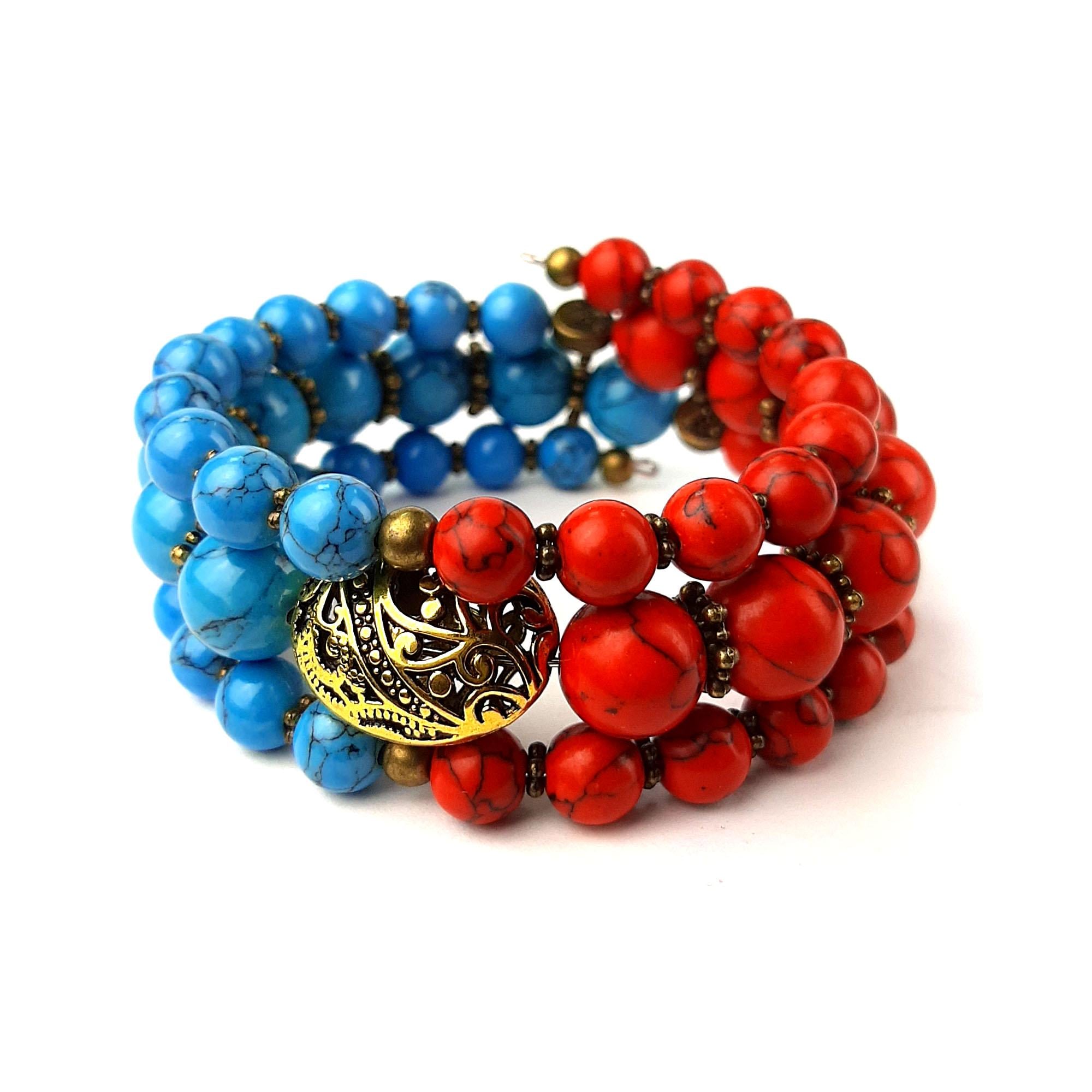 Браслет DARSANA Лед и пламя из натуральных камней коралл/бирюза (DRSU005438)