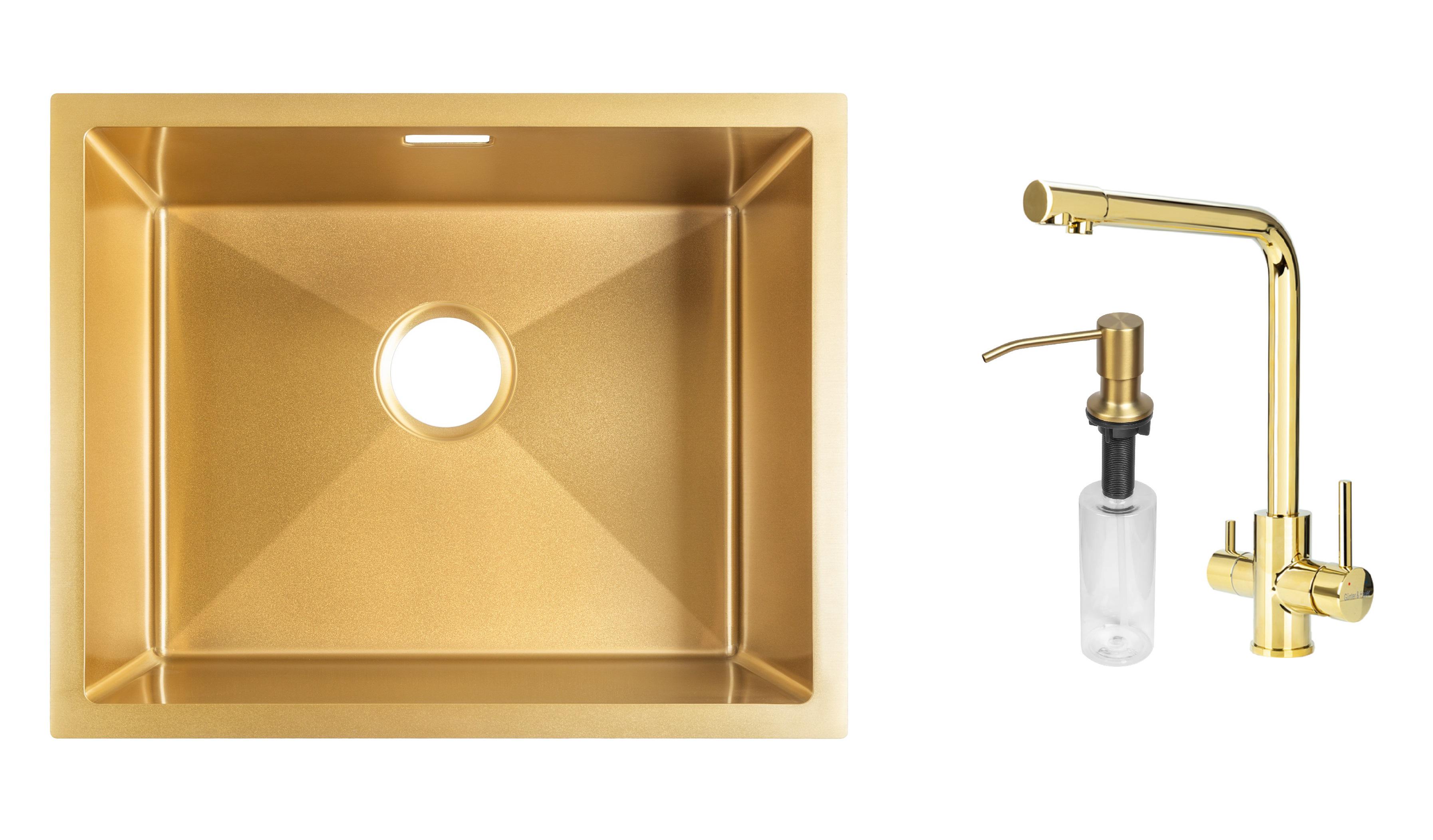 Комплект из кухонной мойки Gunter&Hauer Ruwer 5522 Gold кухонного смесителя Gunter&Hauer PERLE Gold и дозатора Gunter&Hauer SOAP DISPENSER Gold