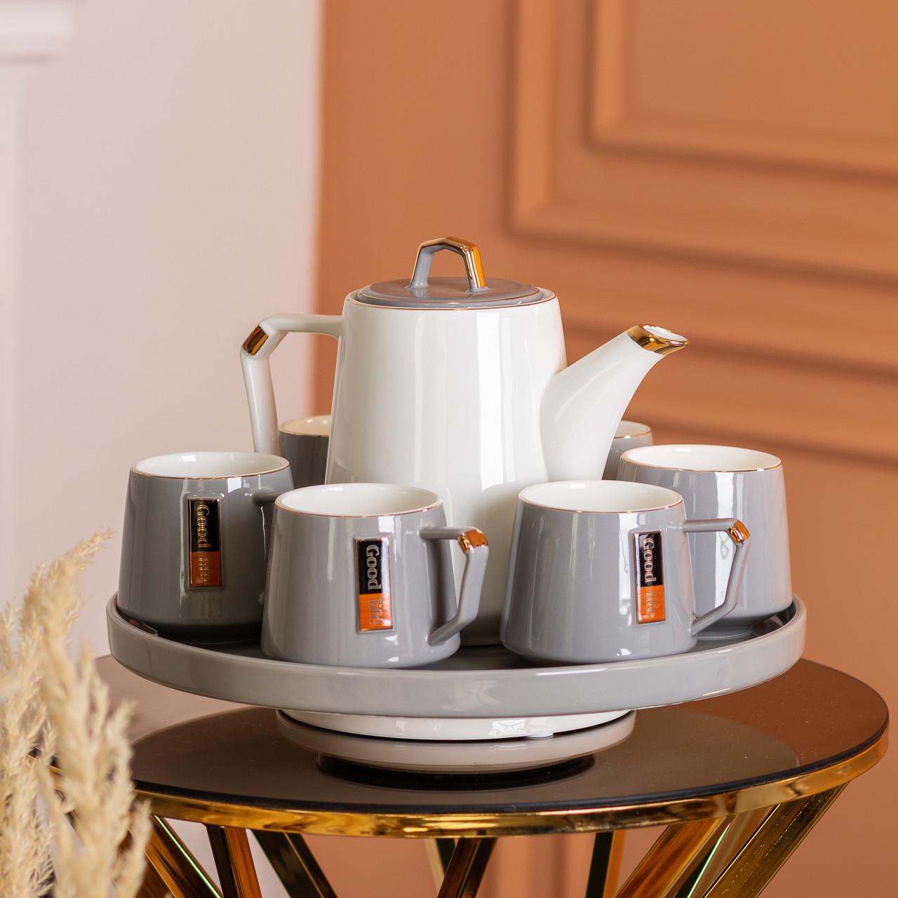 Сервиз чайный на 6 персон с фарфоровой подставкой Серый (HP-15-26) Сервиз чайный на 6 персон с фарфоровой подставкой Серый (HP-15-26)