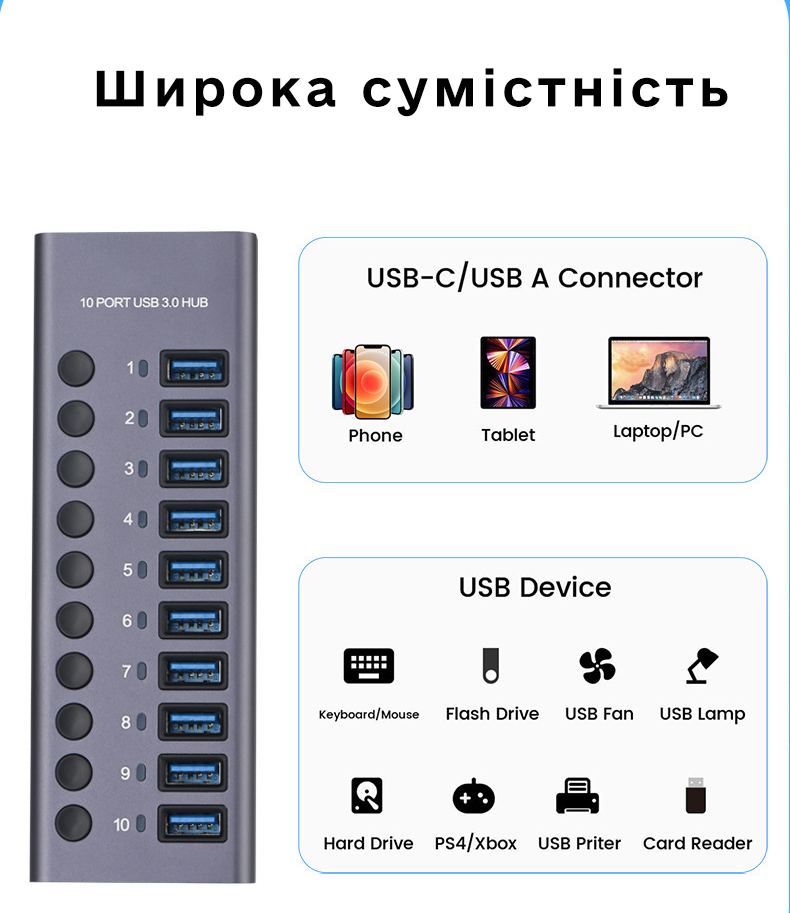 Хаб USB 3.0 c дополнительным питанием 10 USB портов алюминиевый корпус 24V3A 72W (700037) - фото 5 Хаб USB 3.0 c дополнительным питанием 10 USB портов алюминиевый корпус 24V3A 72W (700037) - фото 5