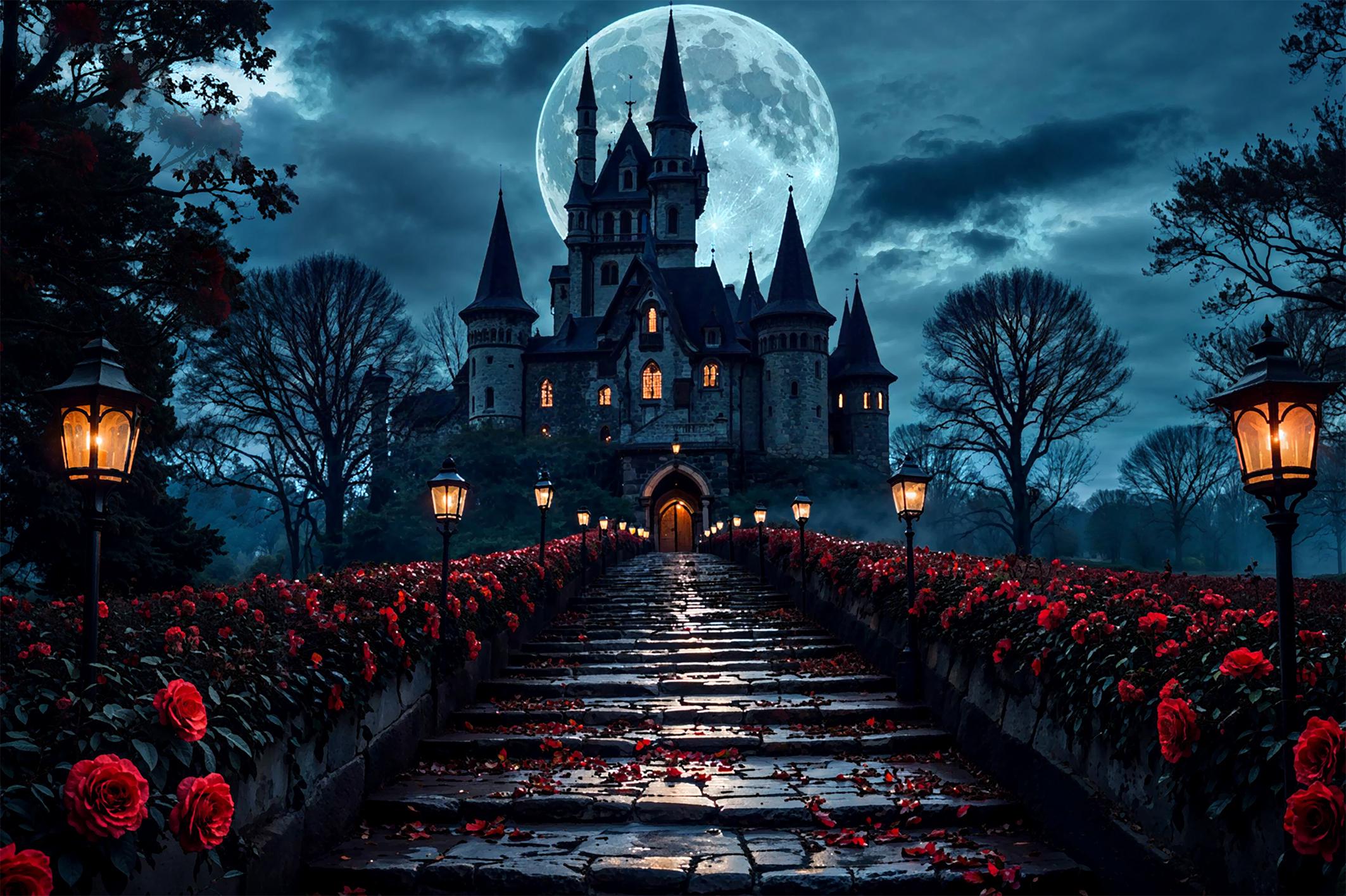 Фотообои флизелиновые Upstream Аллея роз в готическую ночь 230х153 см (SPF-155/3)