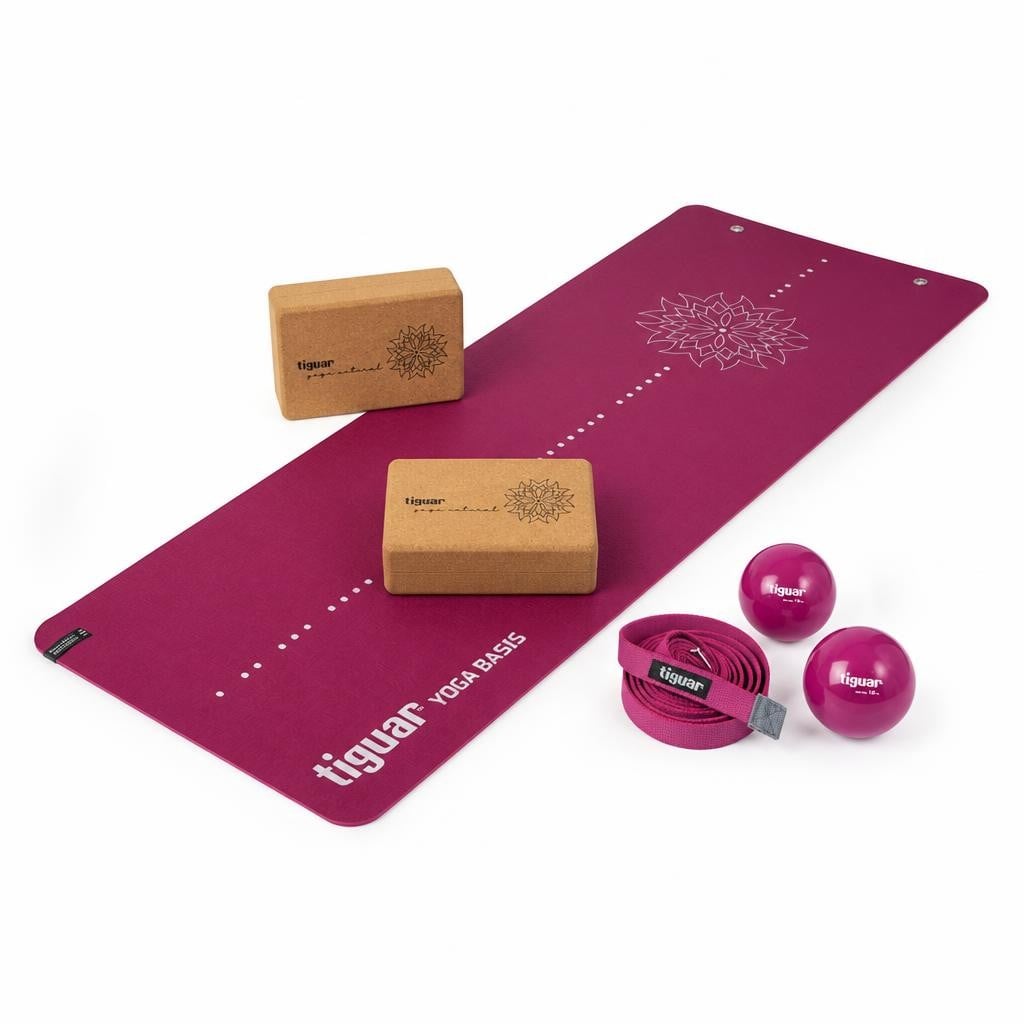 Набір Tiguar для йоги килимок Yoga Basis 0,5 см/2 коркові блоки/ремінь 270 см/2 м’ячі Heavyball Фіолетовий (YOGA-POWER-PLUS-03)