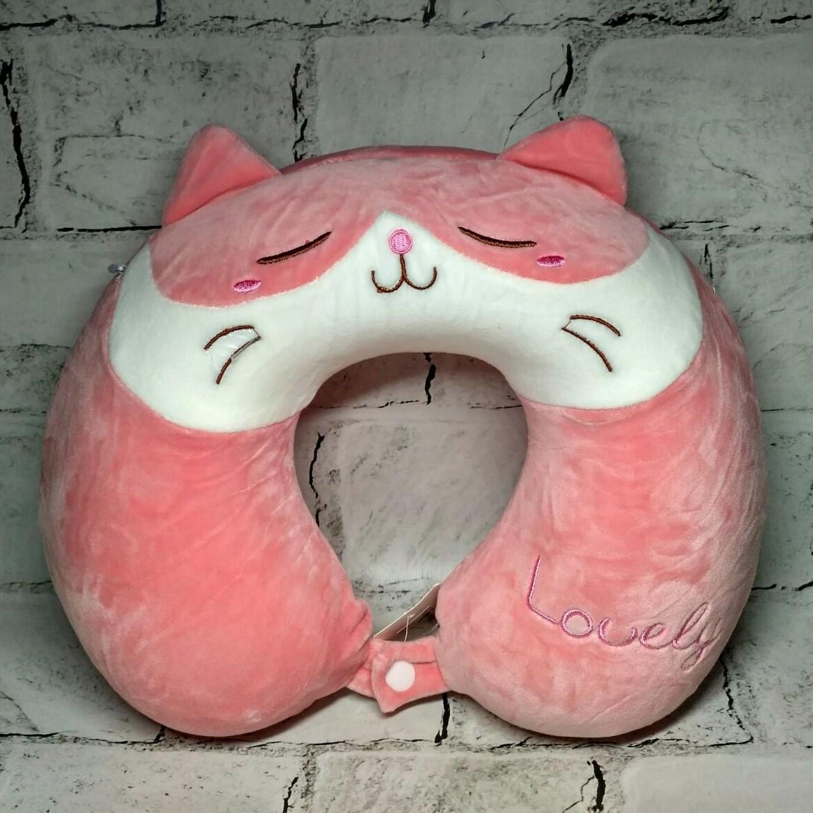 Подушка для подорожей під шию з пам'яттю Котик 29х26х8 см Рожевий (25-2-28)