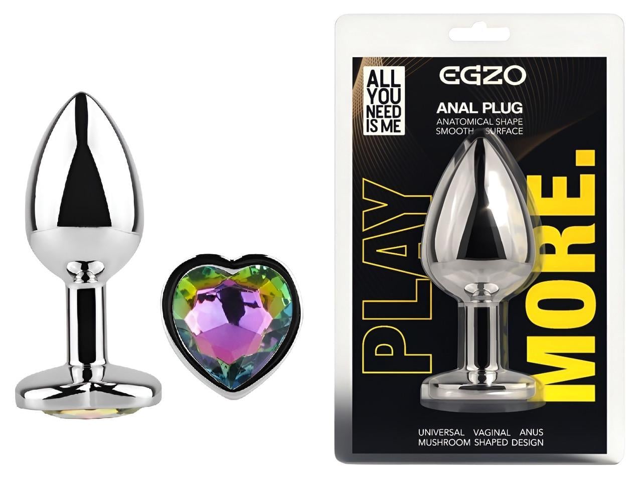 Анальная пробка с кристаллом EGZO Silver Heart Plug Rainbow M (2899316136)