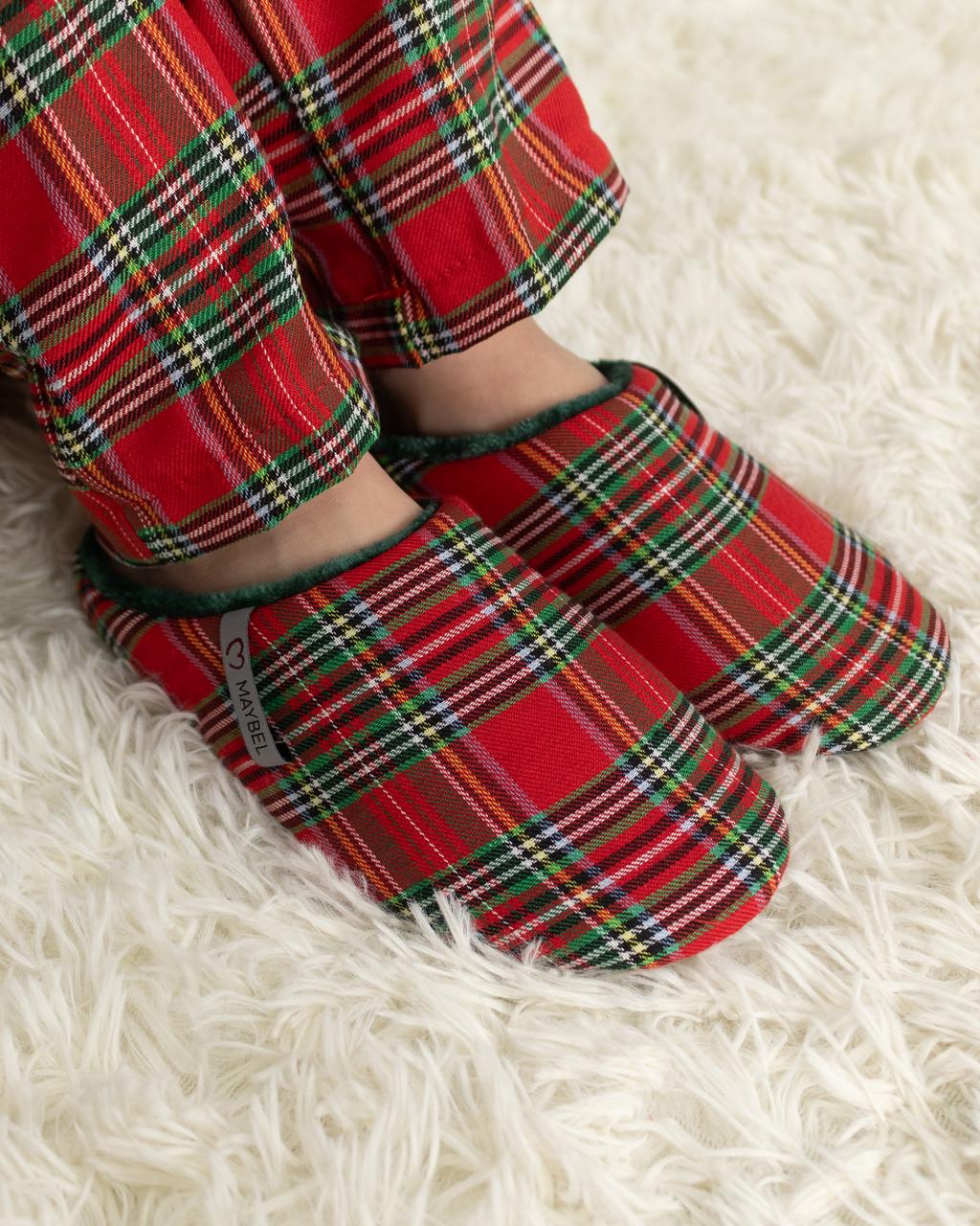 Тапочки домашние фланелевые утепленные закрытые р. 40-41 Красная с зеленым клетка/Зеленый