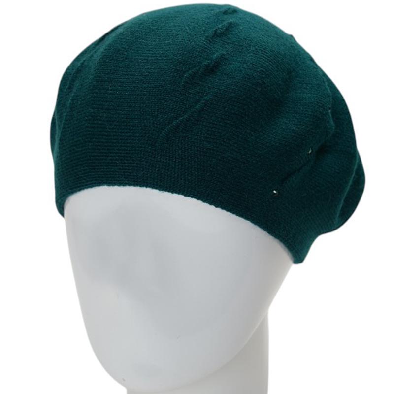 Берет женский осенний двойной Lirus Судьбы с узором и стразами тонкой вязки Зеленый