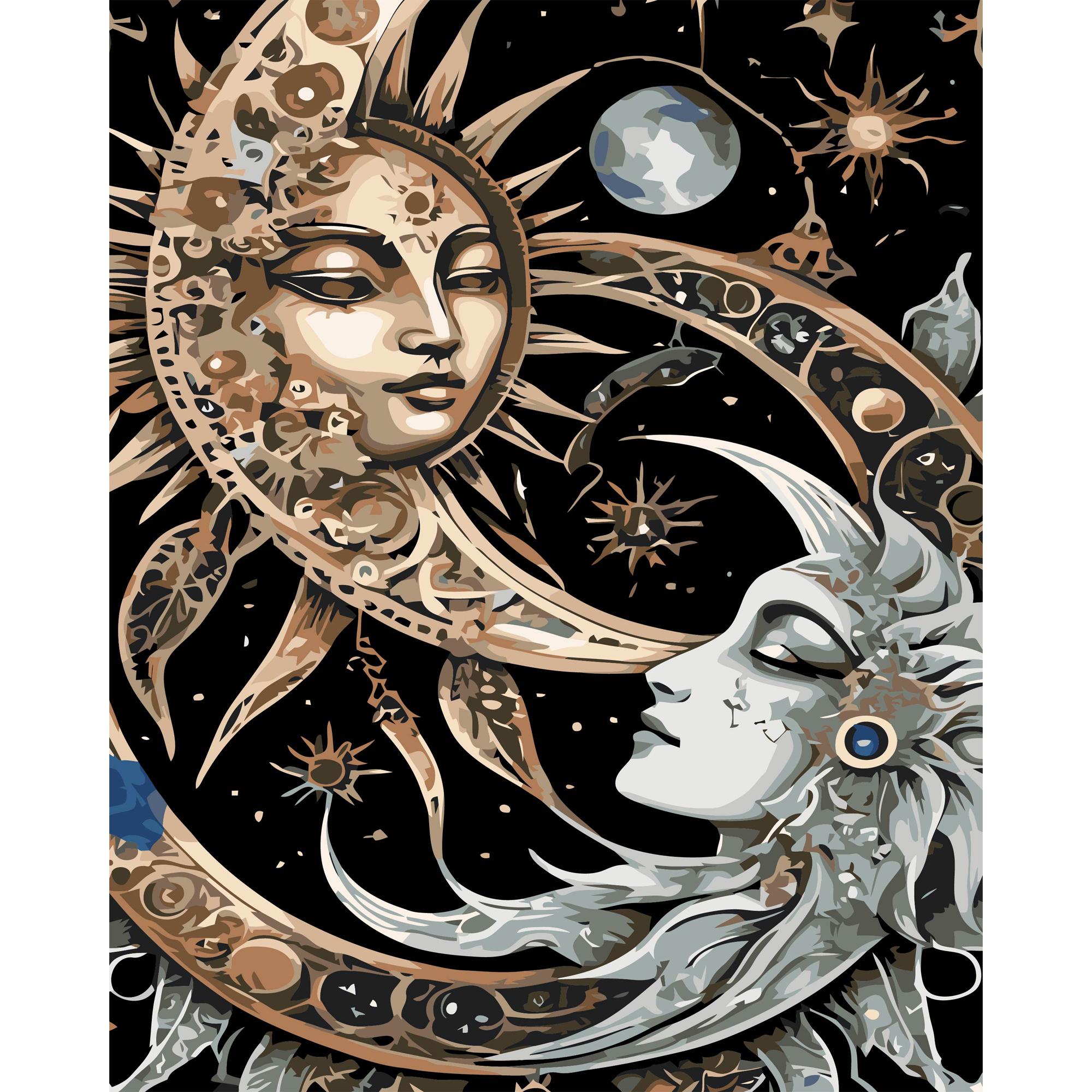 Картина по номерам Стратег Солнце и Луна на черном фоне 40х50 см Серебряно-золотая (150-98-AH1238)