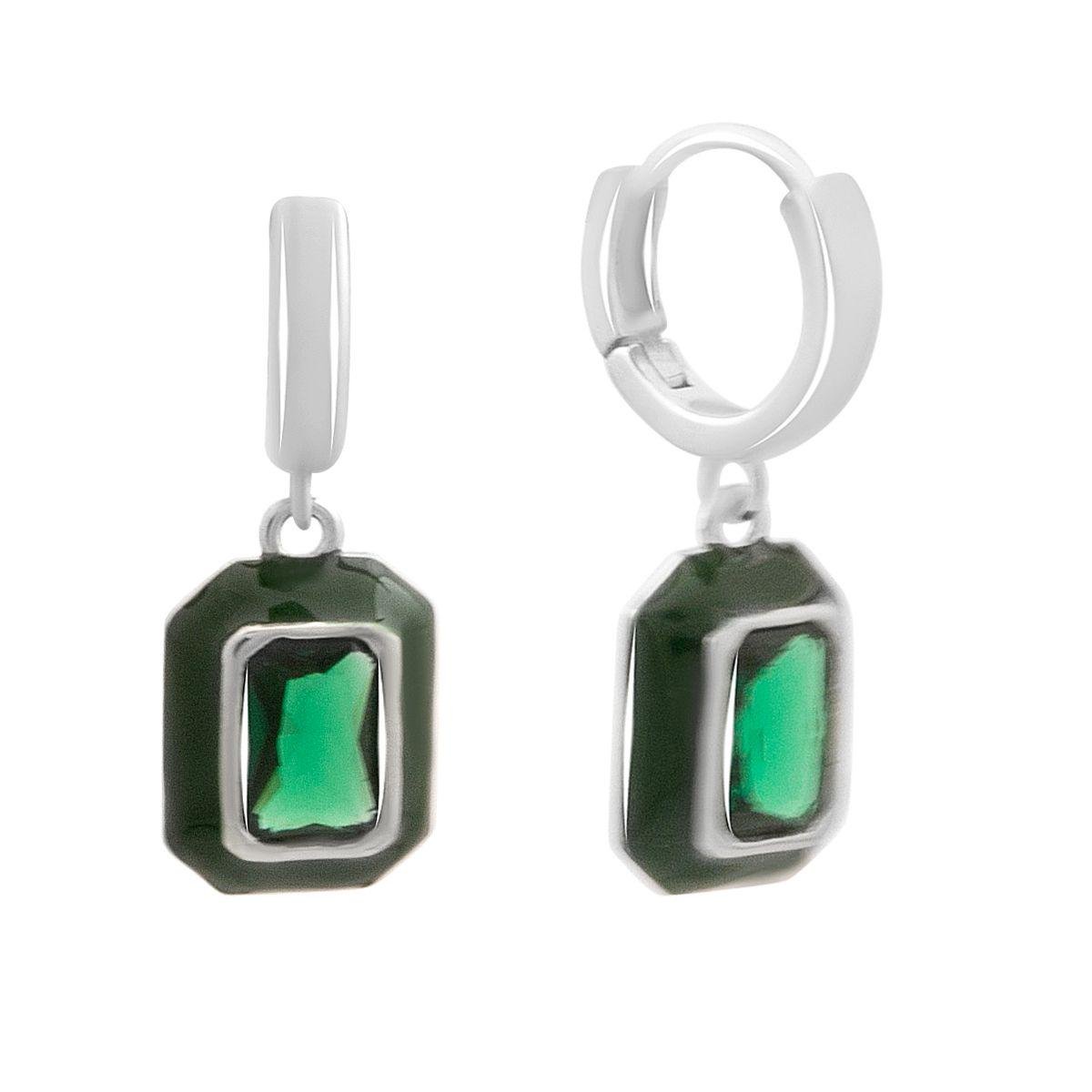 Срібні сережки-кільця з підвісками та зеленими вставками у темно-зеленій емалі Срібні сережки-кільця з підвісками та зеленими вставками у темно-зеленій емалі