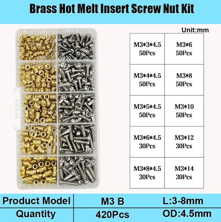 Комплект термовставки и винты DIN7985 для 3D печати PLA/ABS Spec М3 мм 420 шт. (SP-1693B420) - фото 2 Комплект термовставки и винты DIN7985 для 3D печати PLA/ABS Spec М3 мм 420 шт. (SP-1693B420) - фото 2