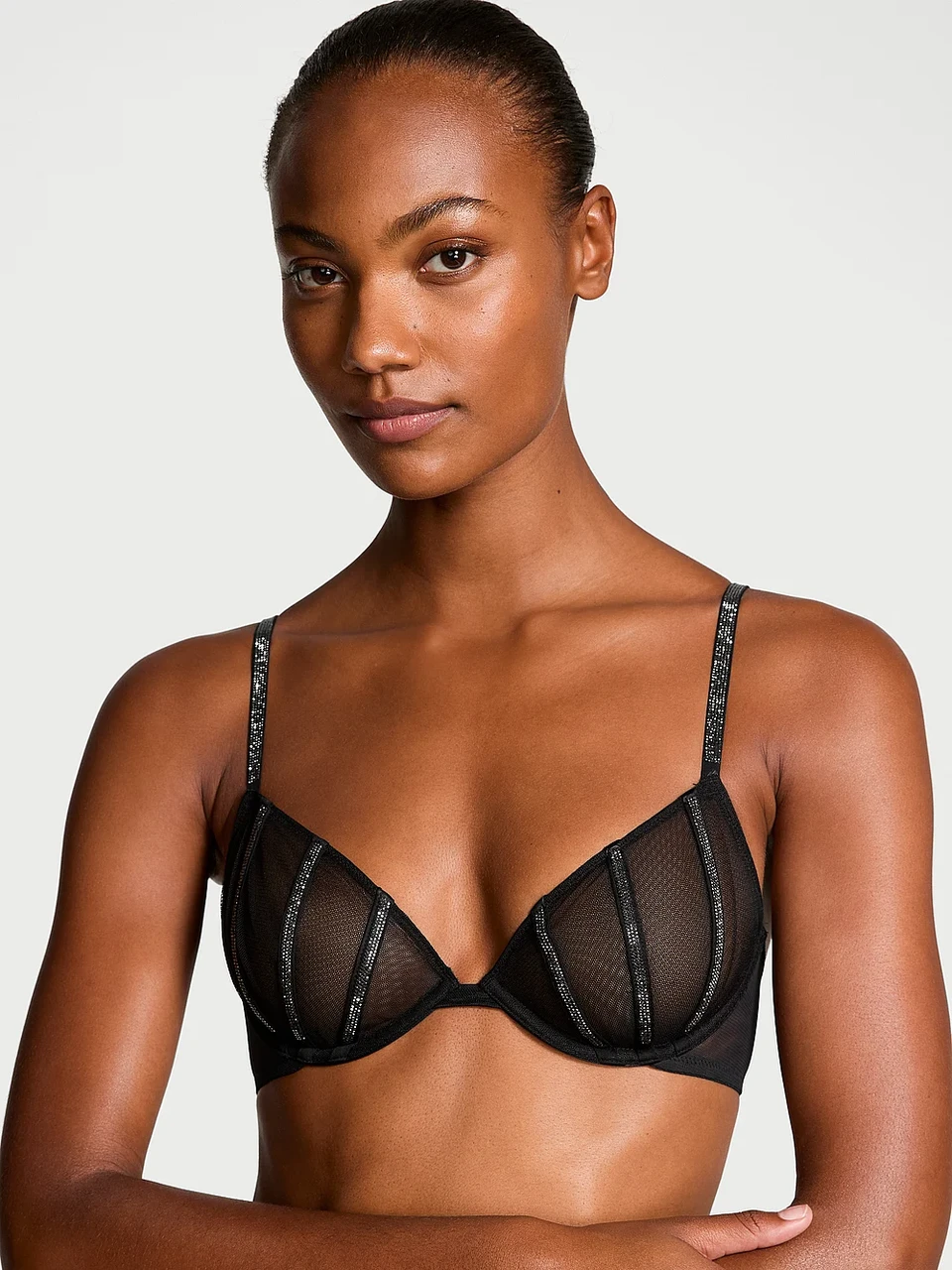 Бюстгальтер Victoria's Secret Sheer Shine Unlined Low-Cut Demi Bra 80B Чорний (26970606)
