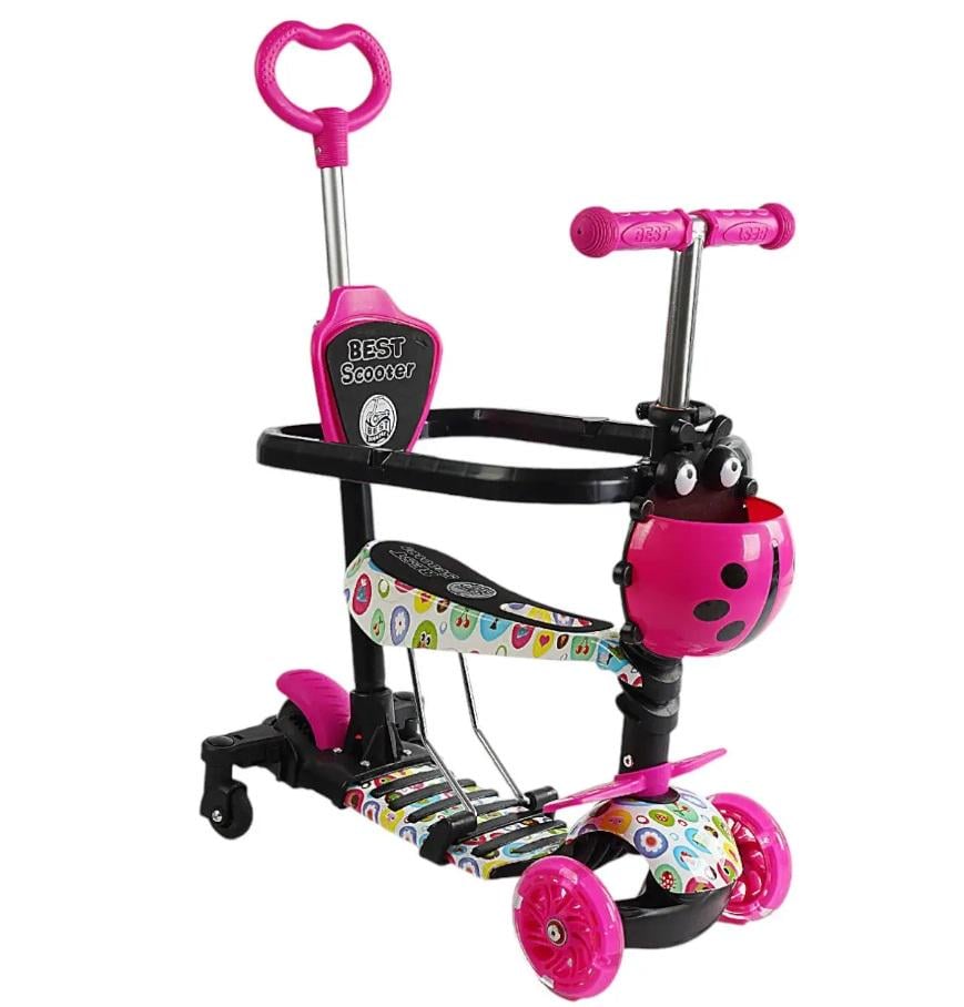 Самокат трехколесный Best Scooter 5в1 с дополнительными колесами и защитным бампером Розовый (LS-81800)