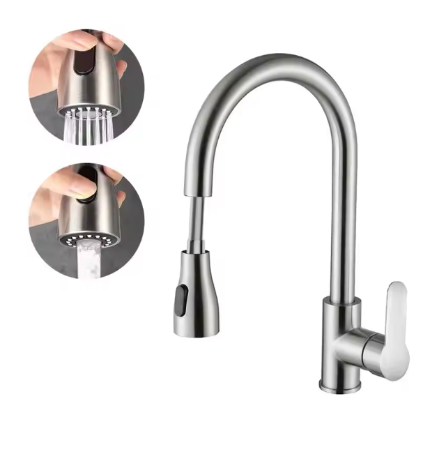 Смеситель для кухни с выдвижным изливом 2 режима лейки Серебристый (КСК056) - фото 9