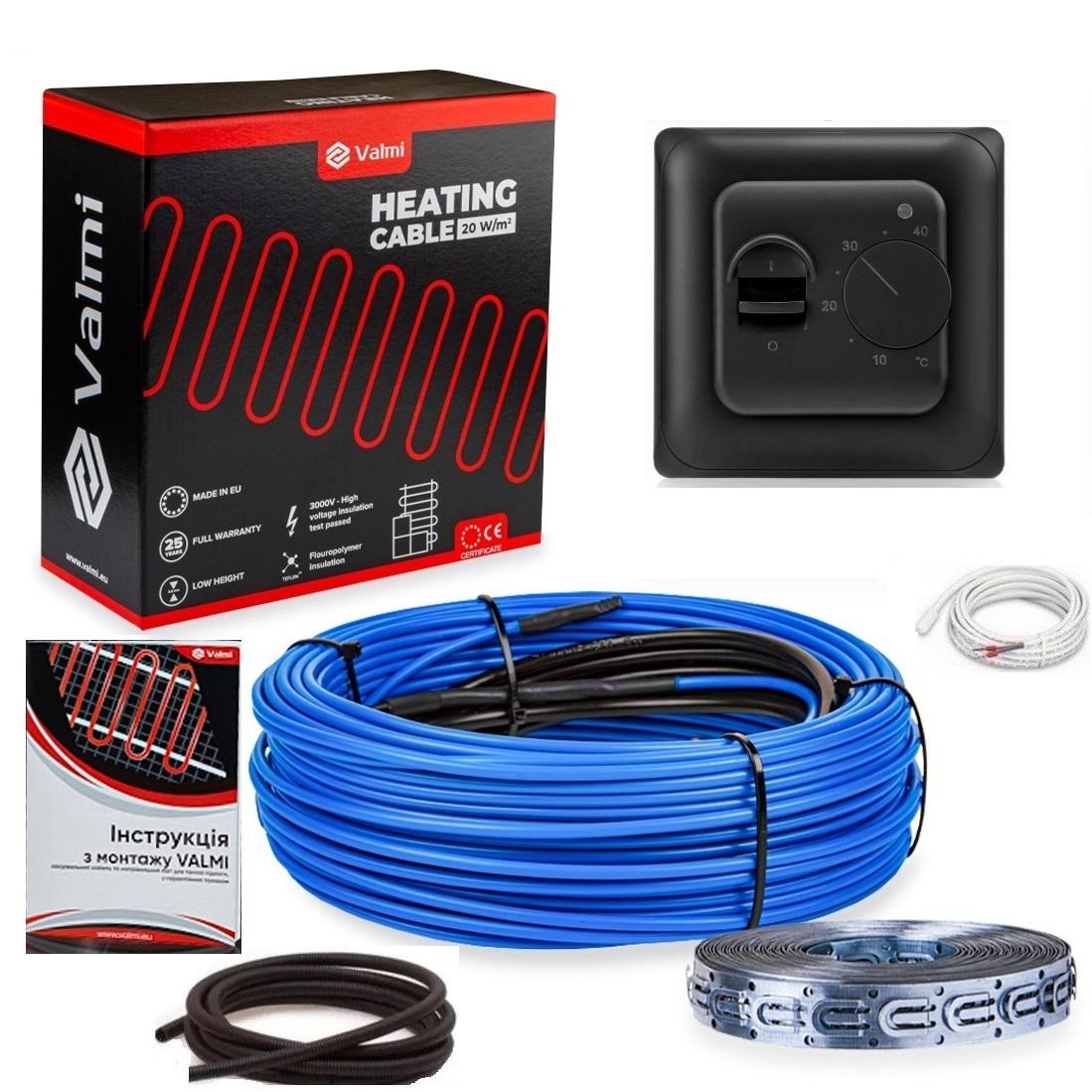 Теплый пол Valmi 8 м²- 9,6 м²/1600 Вт/80 м нагревательный кабель с программируемым черным терморегулятором RTC Теплый пол Valmi 8 м²- 9,6 м²/1600 Вт/80 м нагревательный кабель с программируемым черным терморегулятором RTC