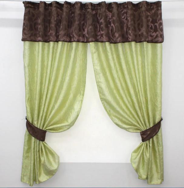 Фіранка кухонна з ламбрекеном 270х170 см Салатовий/Коричневий (073к)