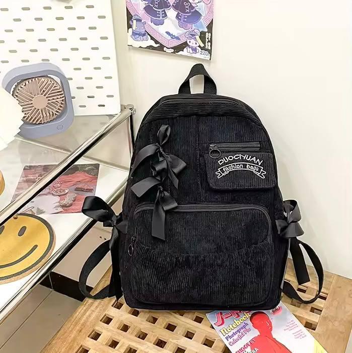 Рюкзак вельветовый с бантиками женский для подростков Черный