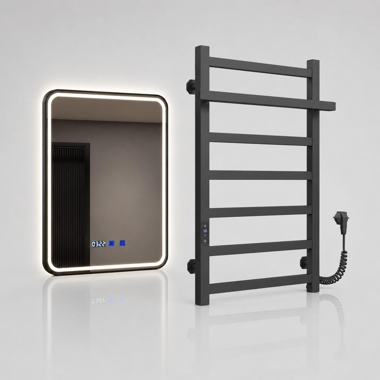 Комплект для ванной комнаты Aqua Black 2в1 полотенцесушитель с регулятором Черный/зеркало LED в черной раме с подогревом и часами 80х60 см