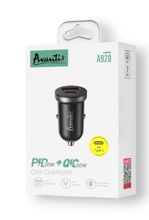 Автомобільний зарядний пристрій Avantis A920 mini USB A та USB C 30 Вт PD QC3.0
