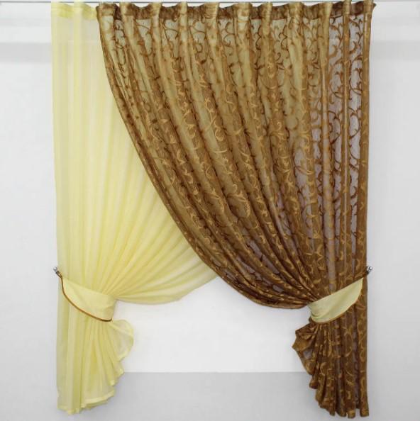 Шторки кухонні шифон 330х170 см Жовтий/Коричневий (101к)