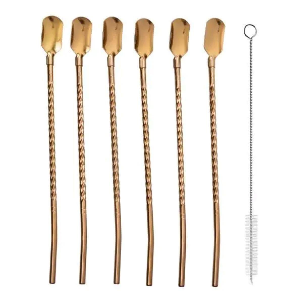 Набор многоразовых ложек-трубочек для напитков со щеткой для мытья из нержавеющей стали 6 шт. 22 см Бронзовый (HP-20-20)