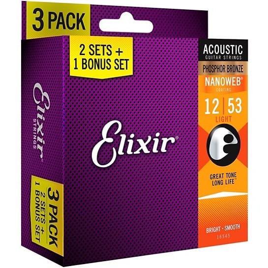 Струны Elixir 16545 NANOWEB Phosphor Bronze 12-53 Light Bonus pack (3 pack) - фото 2