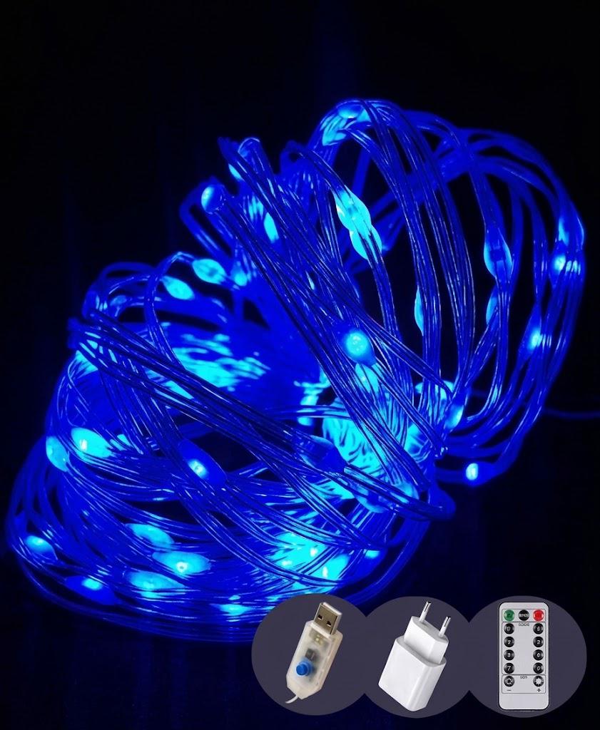 Гирлянда Роса-люкс 100LED 10 м 8 режимов USB адаптер пульт Синий (FFJ00195)
