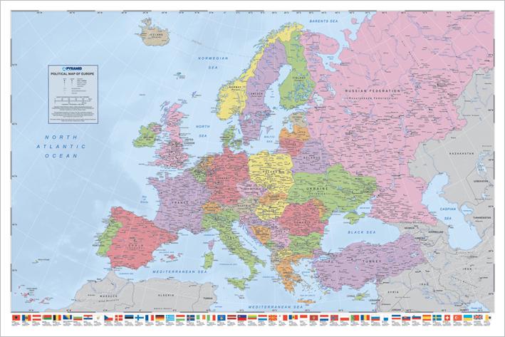 Постер плакат Политическая Карта Европы Флаги/Political Map of Europe Flags 61x91,5 см
