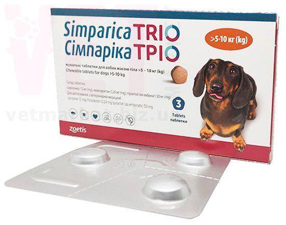 Жевательные таблетки против блох/клещей и гельминтов Zoetis Simparica TRIO для собак весом от 5-10 кг 3 табл.