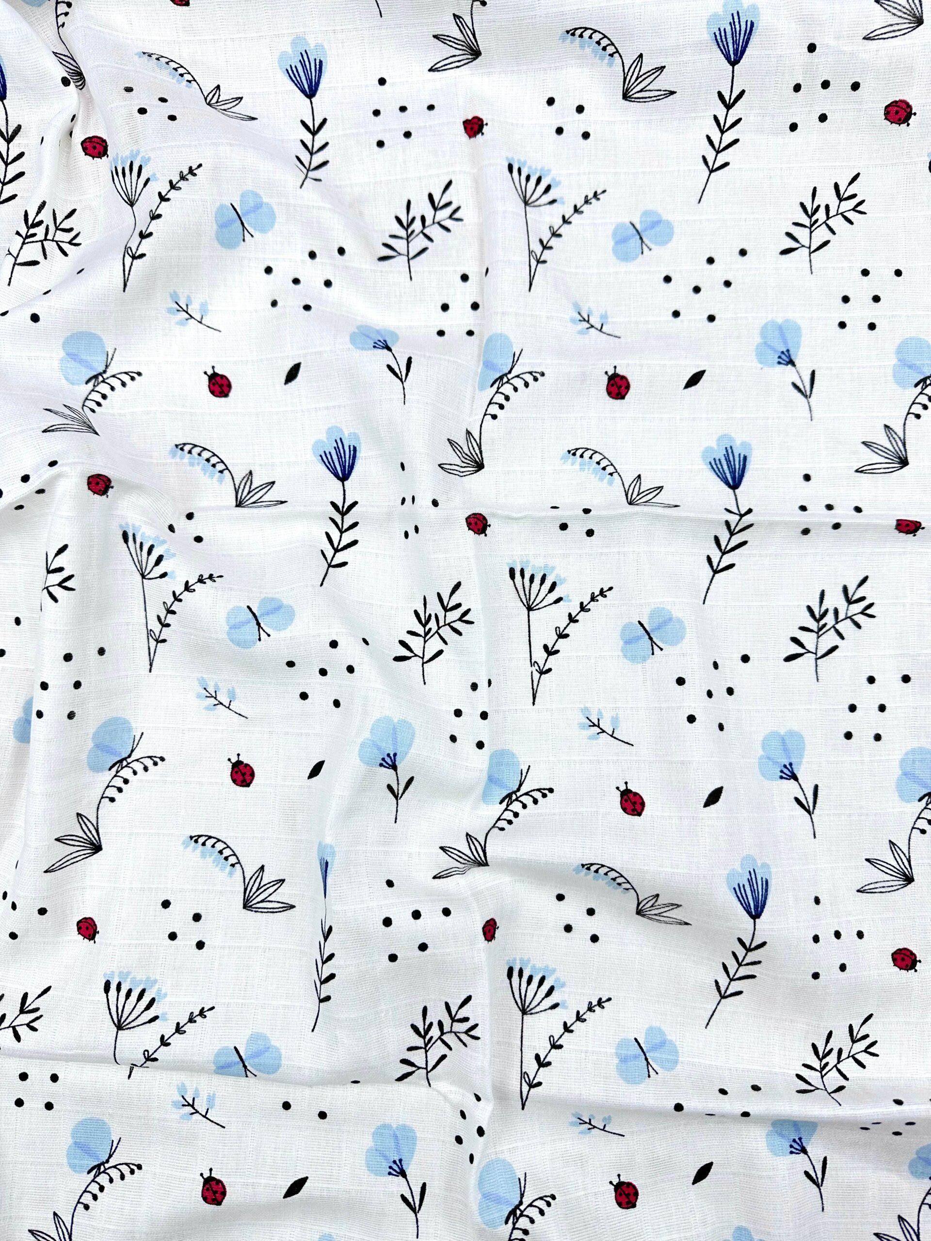 Пеленка муслиновая Голубые цветочки с бабочками №14 100х80 см (92050)